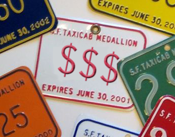 San Francisco taxi medallion with dollar signs instead of a number